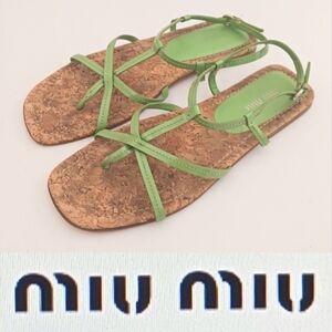 Mui Mui PRADA Green Patent Strappy Flat Sandal Cork Insole 38.5 Made in Italy